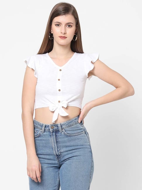 VASTRADO White Cotton V Neck Crop Top