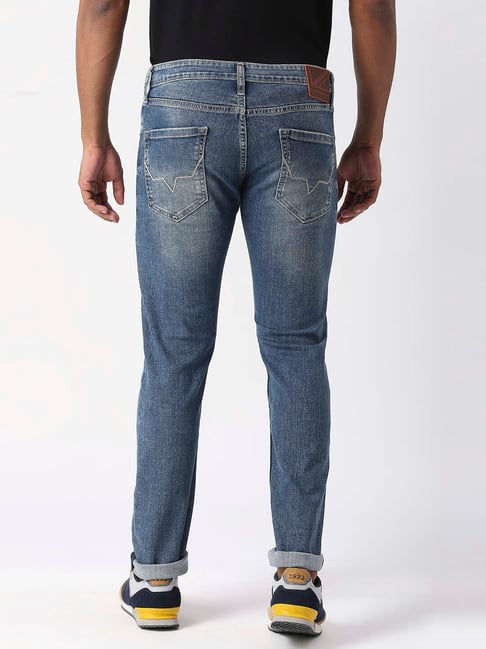 HUGO - Tapered-fit jeans in blue distressed denim
