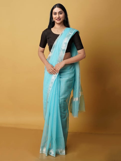 Navy Blue Malmal Cotton Saree with Contrast Blouse Piece - Jhanvi Fashions