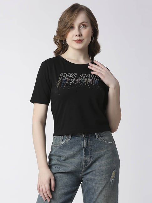 Buy Pepe Jeans Black Cotton Embellished T-Shirt for Women Online