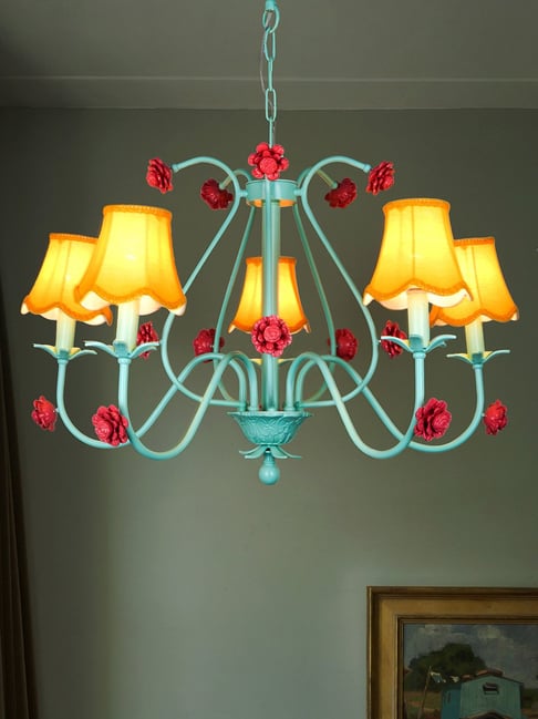 Fos Lighting 36-Inch Wide 5-Light Steel Ceiling Chandelier With Yellow Scallop Bell Fabric Shades