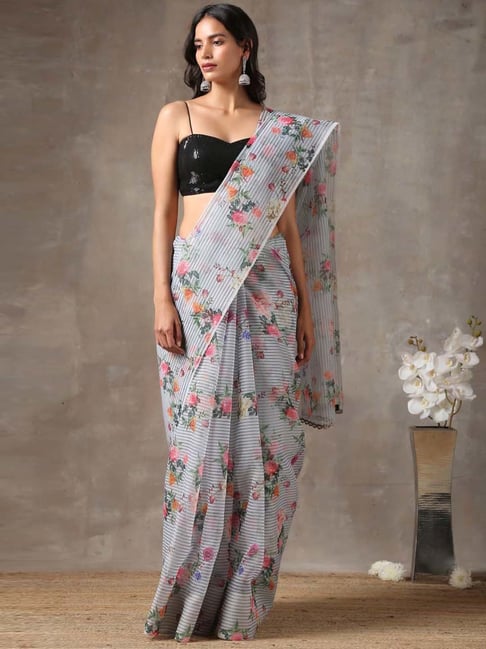 Buy online Organza floral printed saree with zari pallu & jacquard border-  Green-AF432