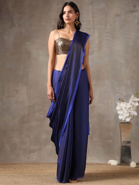 Buy Teal Blue Satin Saree With Unstitched Blouse Fabric Kalki Fashion India