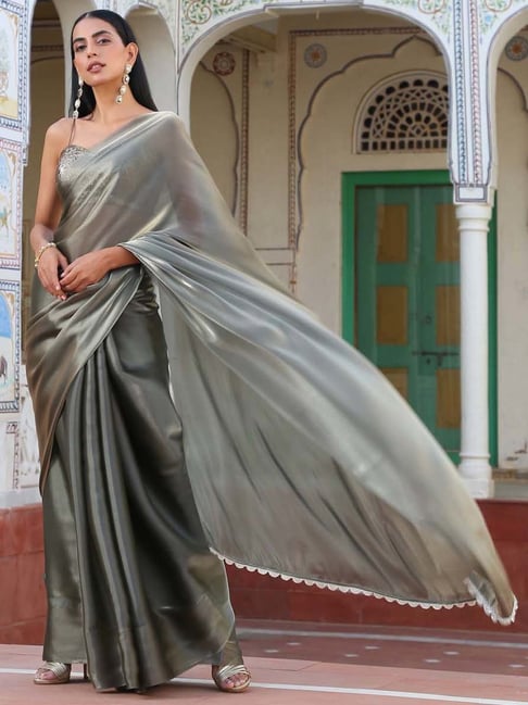 Grey - Versatile Plain Dyed Gota Thread Work Organza Saree | Samriddhi