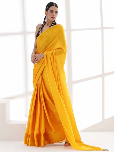 Handloom Yellow Katan Silk Saree with Stripes – WeaverStory