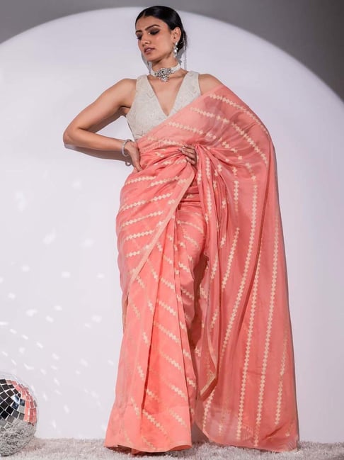 Swtantra Blush Peach Organza Woven Saree With Blouse