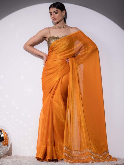 Sarkar Sarees Party Wear Orange Chiffon Saree with Blouse Piece-pokeht.vn