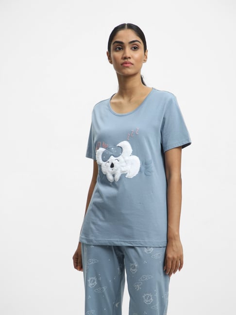 Wunderlove Sleepwear by Westside Smoky Blue T-Shirt and Pyajama Set