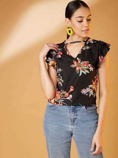 chimpaaanzee Chimpanzee Black Floral Print Top-picture-24