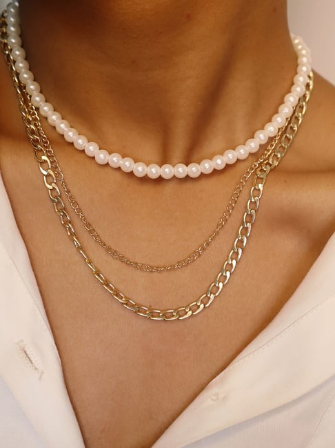 Golden pearl double line necklace - Ambika Creation - 4255888