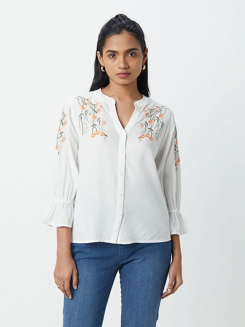 LOV by Westside White Floral High-Low Blouse