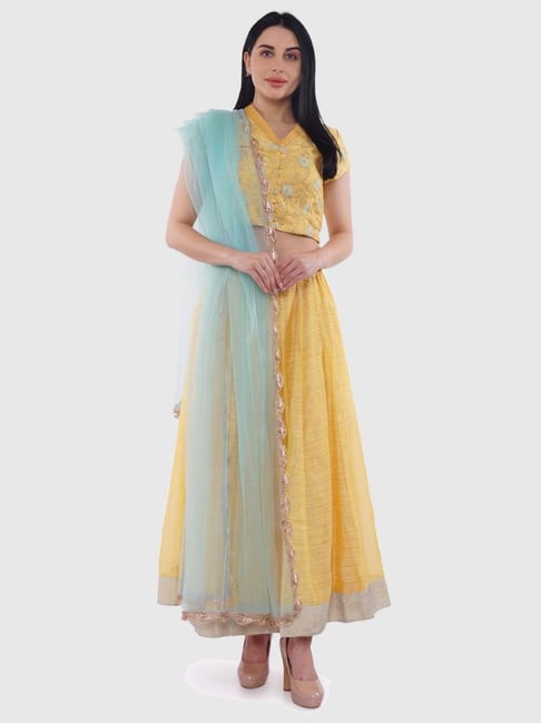 Yellow Printed Lehenga With Top & Dupatta – Punit Balana