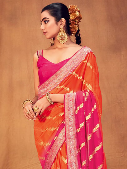 Yellowish Orange with Pink Semi - Silk Saree