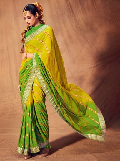 SULFUR YELLOW HEAVY BORDER SILK SAREE WITH BERYL GREEN BLOUSE - Pehnawahh