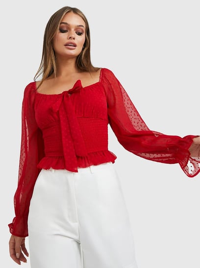 Buy Styli Red Self Pattern Top for Women Online @ Tata CLiQ