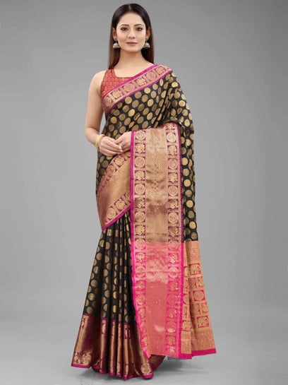 Black and Pink katan Benarasi saree with blouse piece