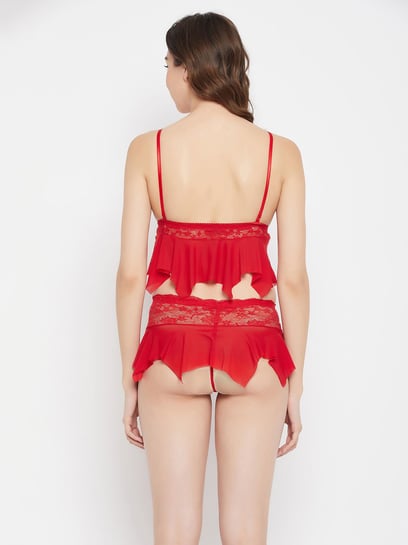 Buy Clovia Lace Bra Panty Set With Babydoll & Thong - Black Online