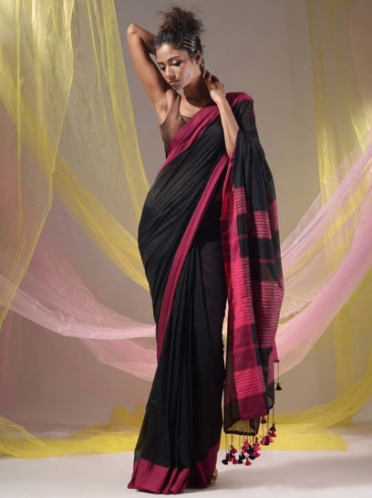 Silk Mills Crepe Pink And Black Saree With Blouse Poly Silk - Free Shipping  | eBay