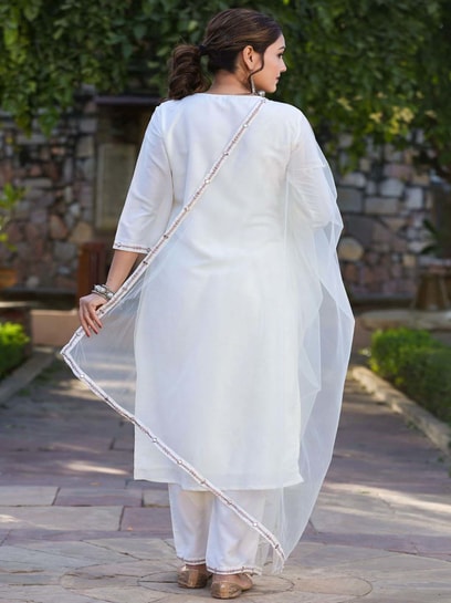 White Hand Painted Dupatta Cotton Flared Kurta Set (Set of 3) | White  flares, Flared, Festival pants