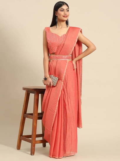Buy Coral pink georgette saree Online at Best Price - Roykals – Karagiri  Global