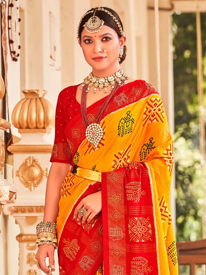 Red Semi Katan Saree with Dual Tone Yellow Border – Keya Seth Exclusive