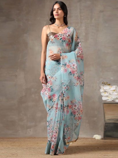 Buy Blue Print Vintage Floral Halter Neck Pre-draped Saree With Blouse For  Women by Redpine Designs Online at Aza Fashions.