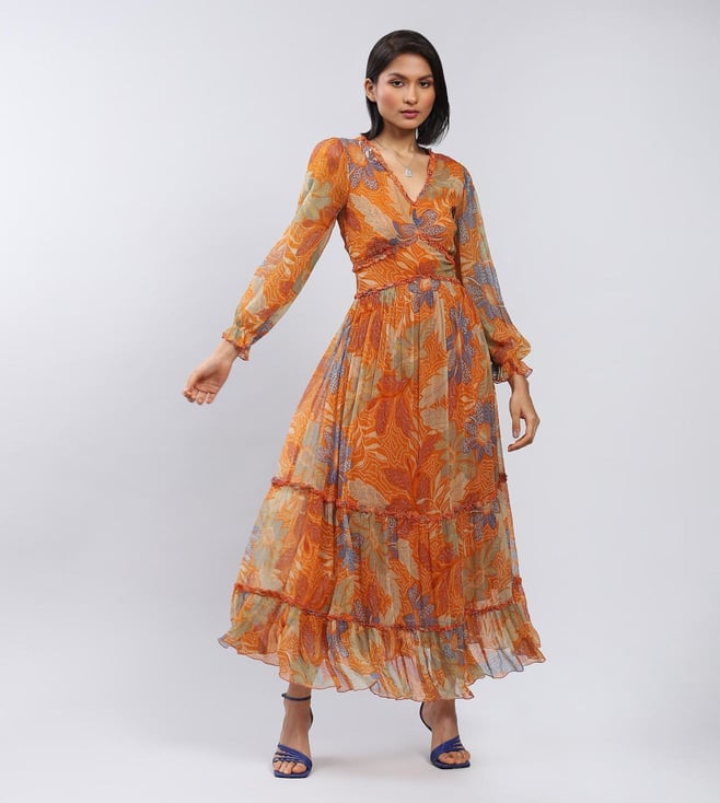 ritu kumar orange dress LABEL RITU KUMAR Orange Electra Solid Long Dress