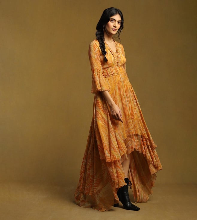 Buy Ritu Kumar Rust Botanic Print Asymmetric Long Dress for Women