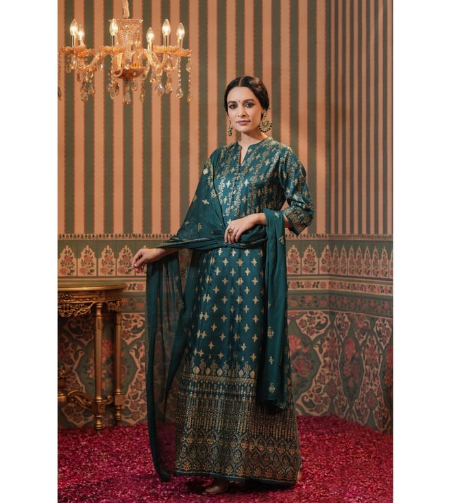 Buy Korwaki Silk Foil Print Anarkali Ethnic Dress with Dupatta for