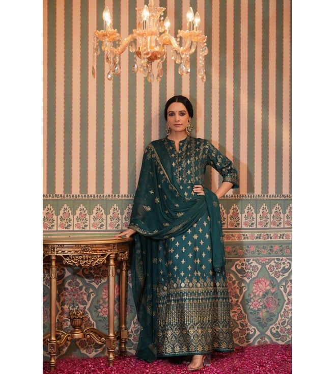 Buy Korwaki Silk Foil Print Anarkali Ethnic Dress with Dupatta for