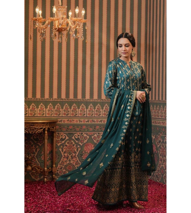 Buy Korwaki Silk Foil Print Anarkali Ethnic Dress with Dupatta for