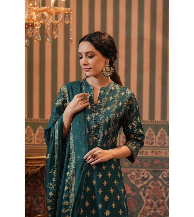 Buy Korwaki Silk Foil Print Anarkali Ethnic Dress with Dupatta for