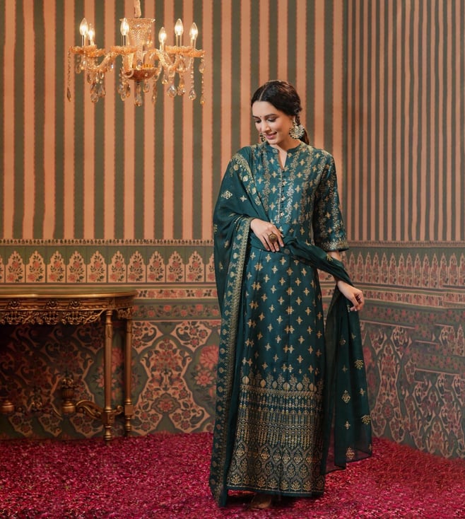 Buy Korwaki Silk Foil Print Anarkali Ethnic Dress with Dupatta for