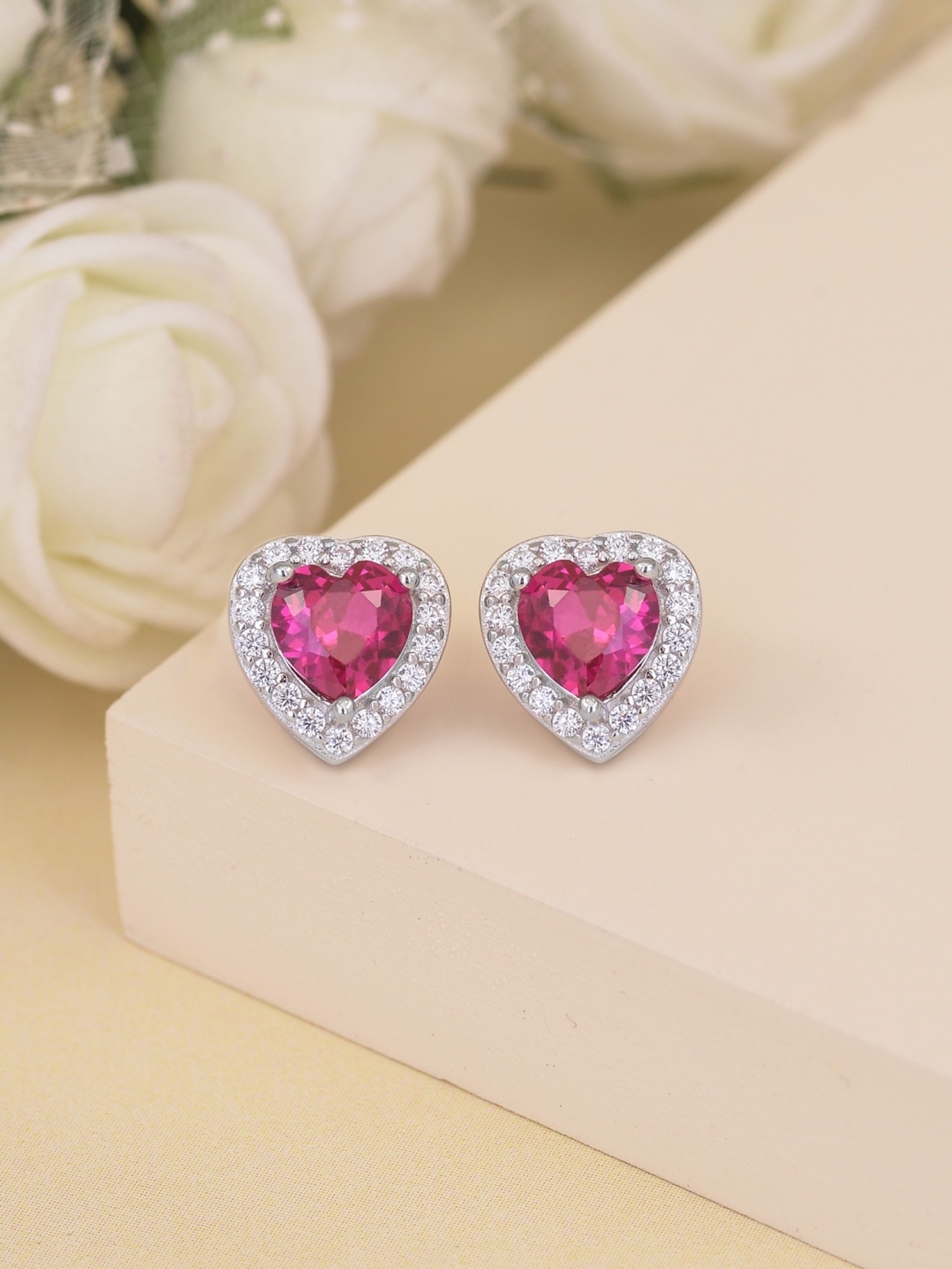 Heart Shape Diamond Stud Earrings For Women Solid 18kt White Gold Fine  Jewelry