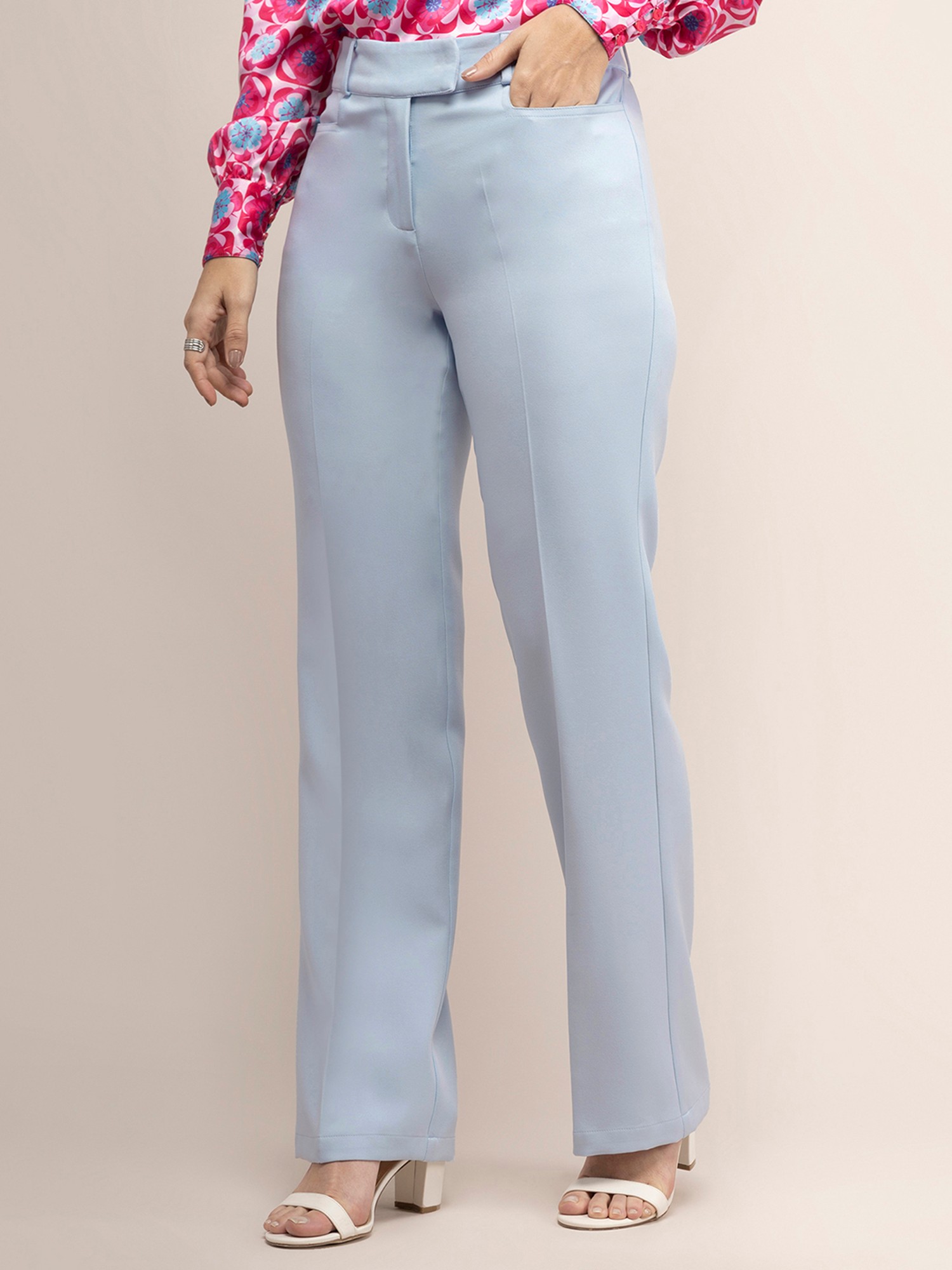 Light Blue White Color + Mid-High Rise Elastic WaistFlare Trousers Suit  Crash Blazer