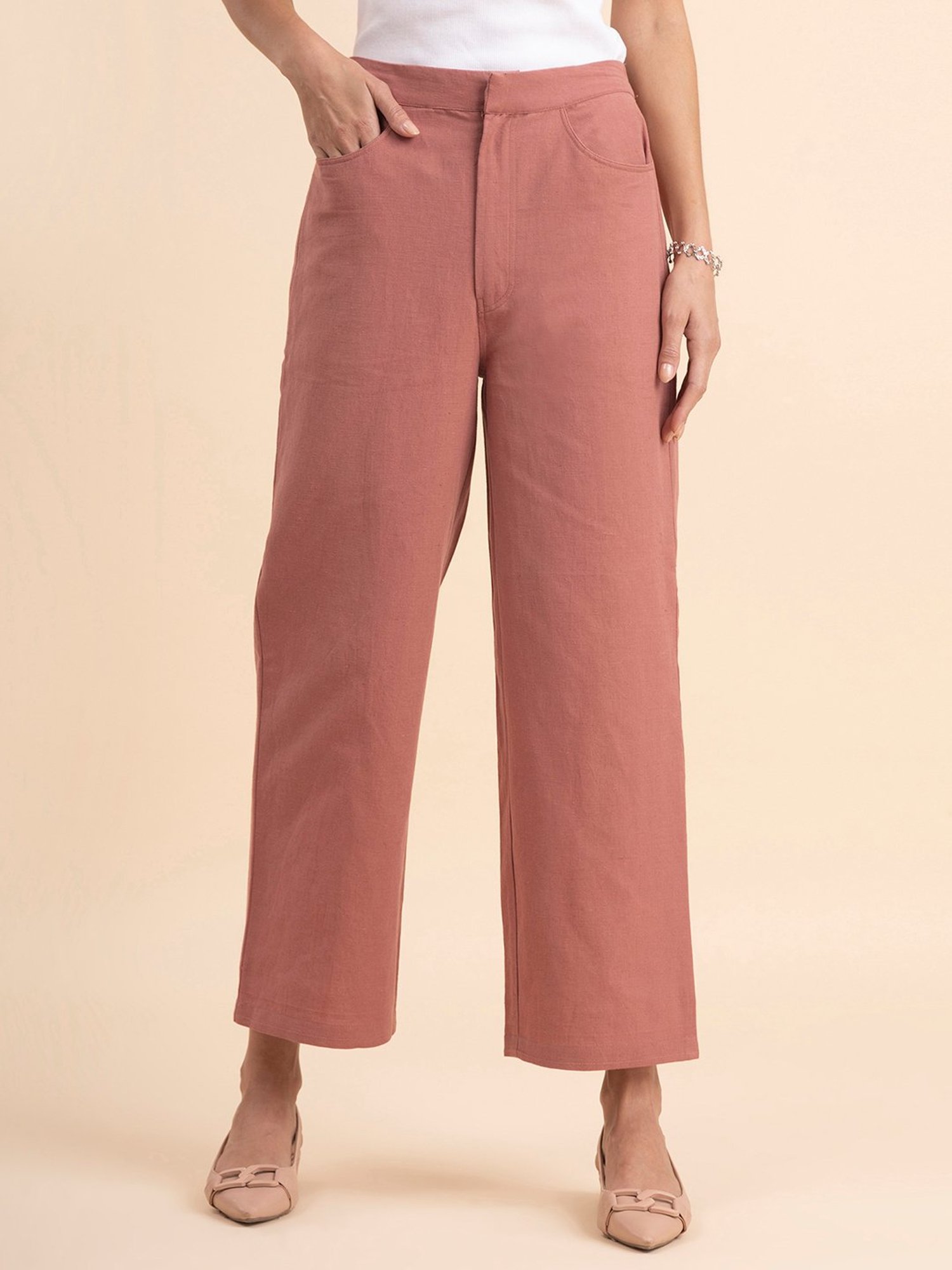 Buy Pink Linen Slub Silk Women Pant with Loose Belt33231
