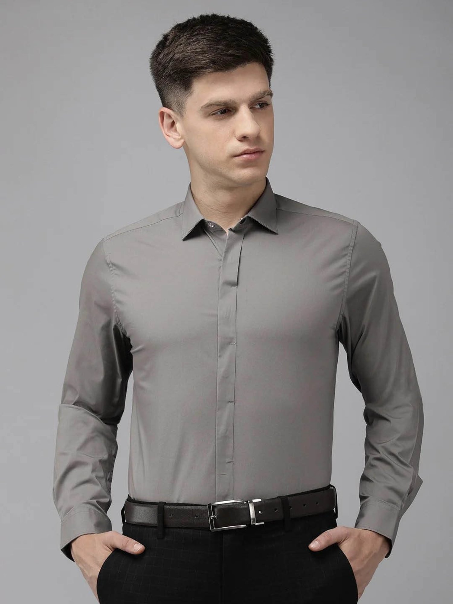 Buy Arrow Men Charcoal Cutaway Collar Dobby Cotton Formal Shirt - NNNOW.com