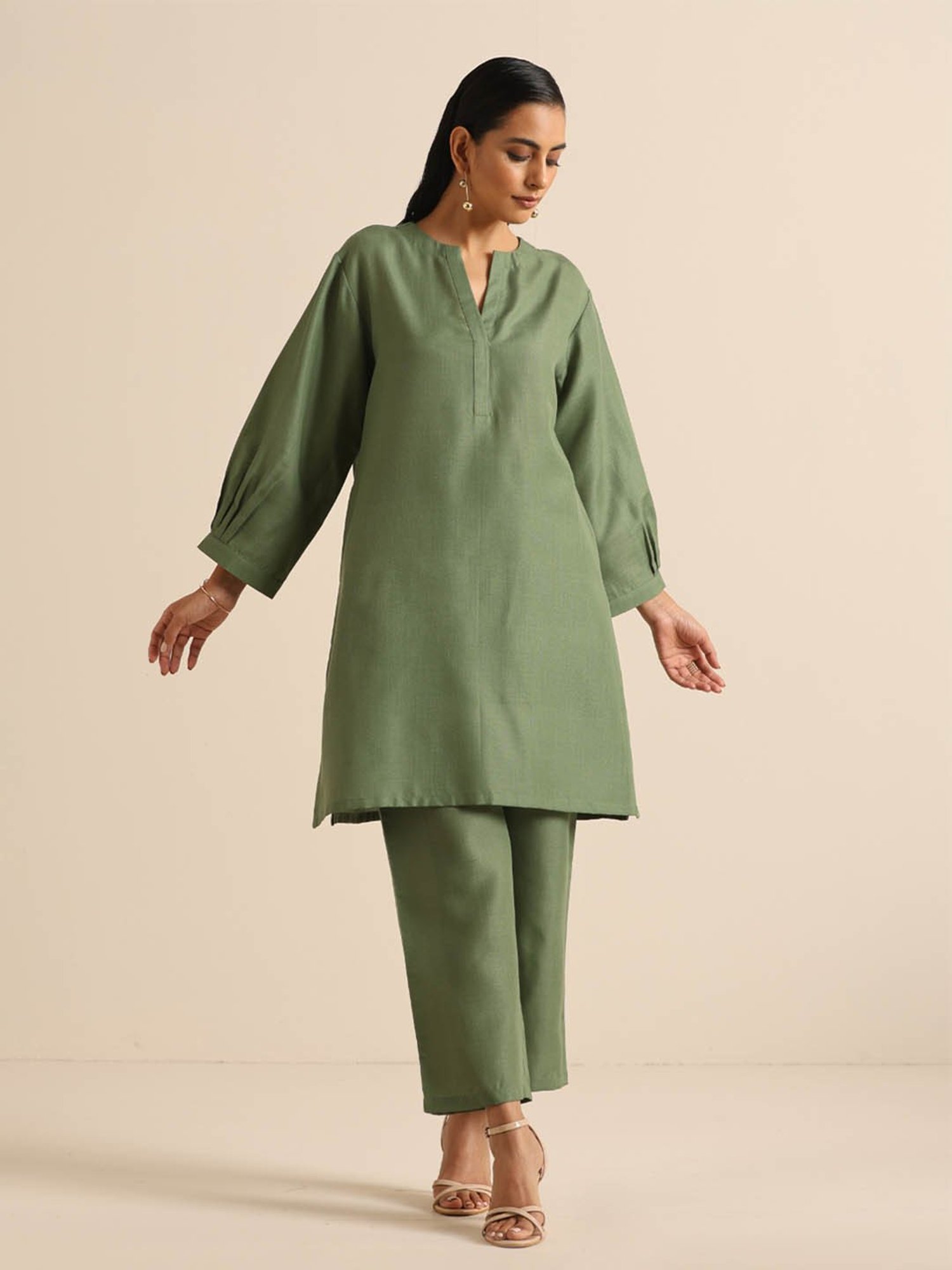 Ladies Cotton Green Kurti with Trouser Set