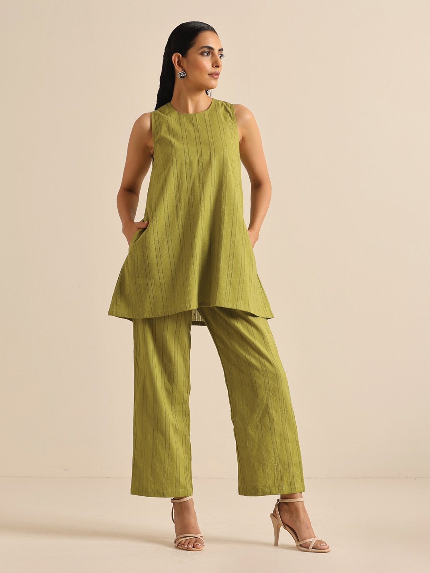 Buy Ishin Womens Silk Blend Peach Embroidered ALine Kurti Trouser Set  Online  ISHIN FASHIONS
