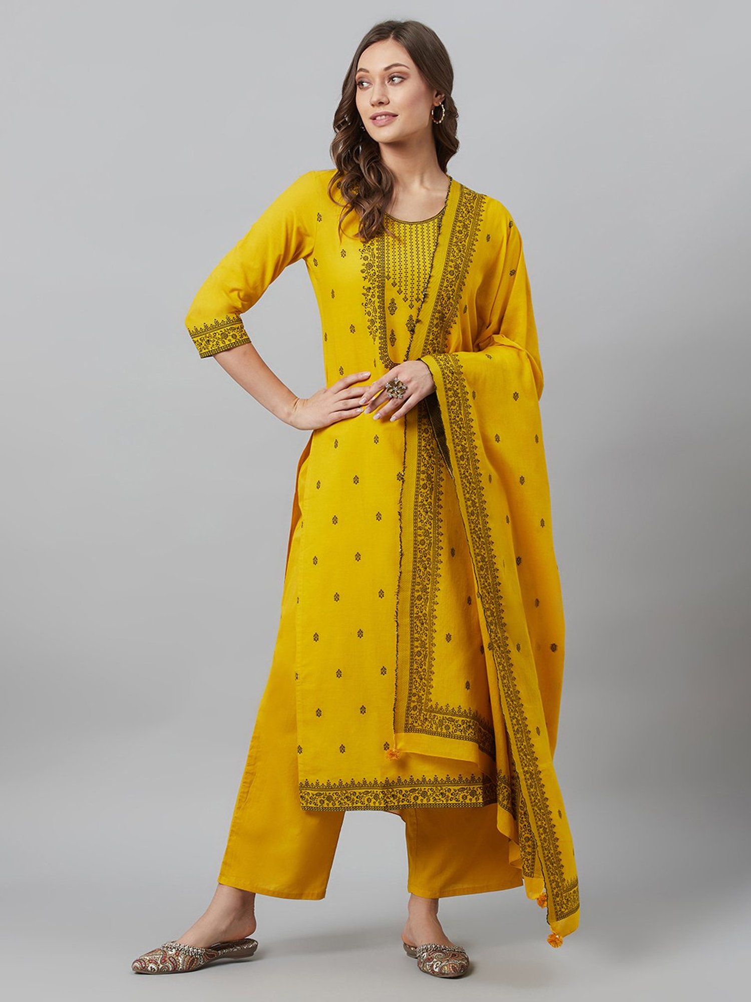 Aks Couture Mustard Embroidered Kurta With Palazzos Dupatta