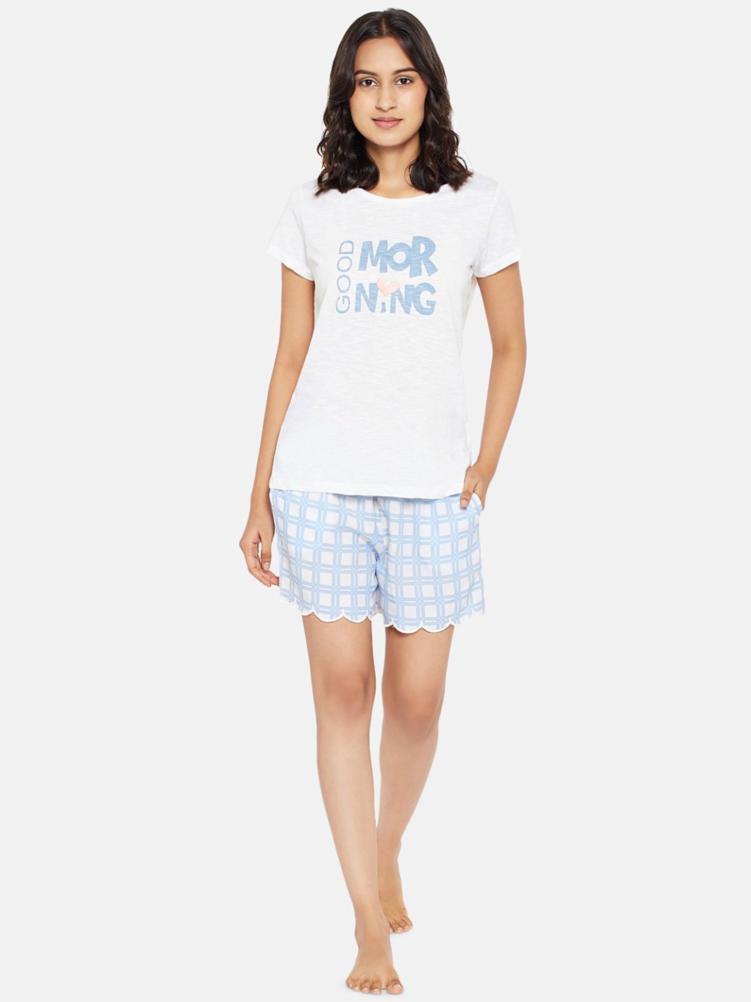 Dreamz by Pantaloons Grey White Cotton Chequered Top Shorts Set