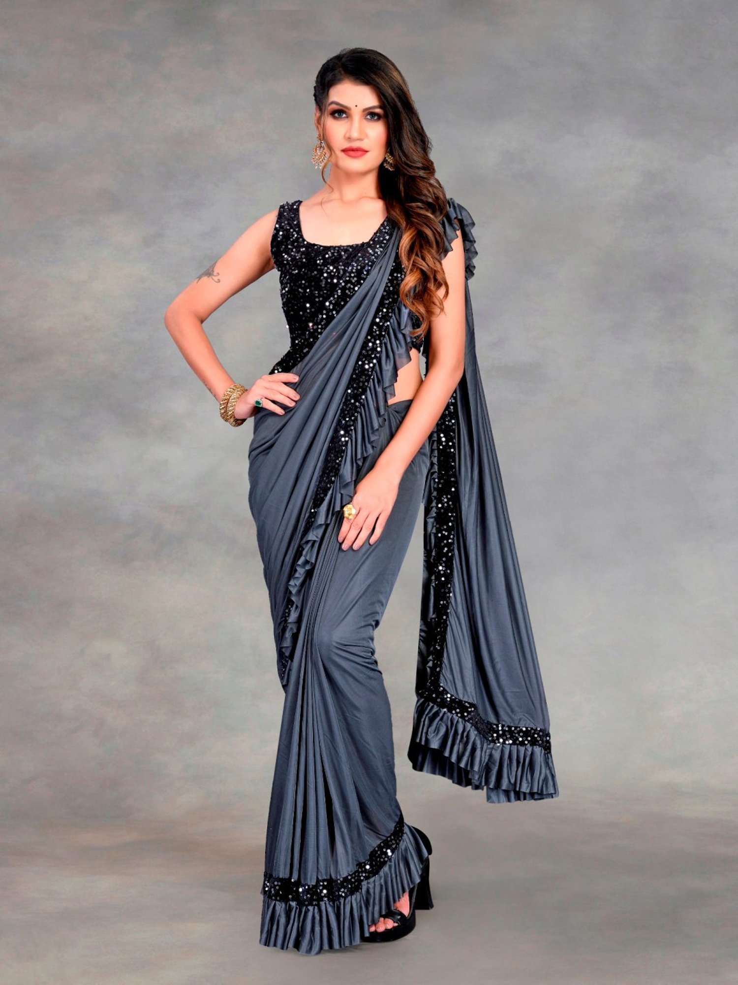 Grey Organza Weaved Saree with Jacquard Border - Monastoor- Indian ethnical  dress collections with more than 1500+ fashionable indian traditional  dresses and ethnical jewelleries.