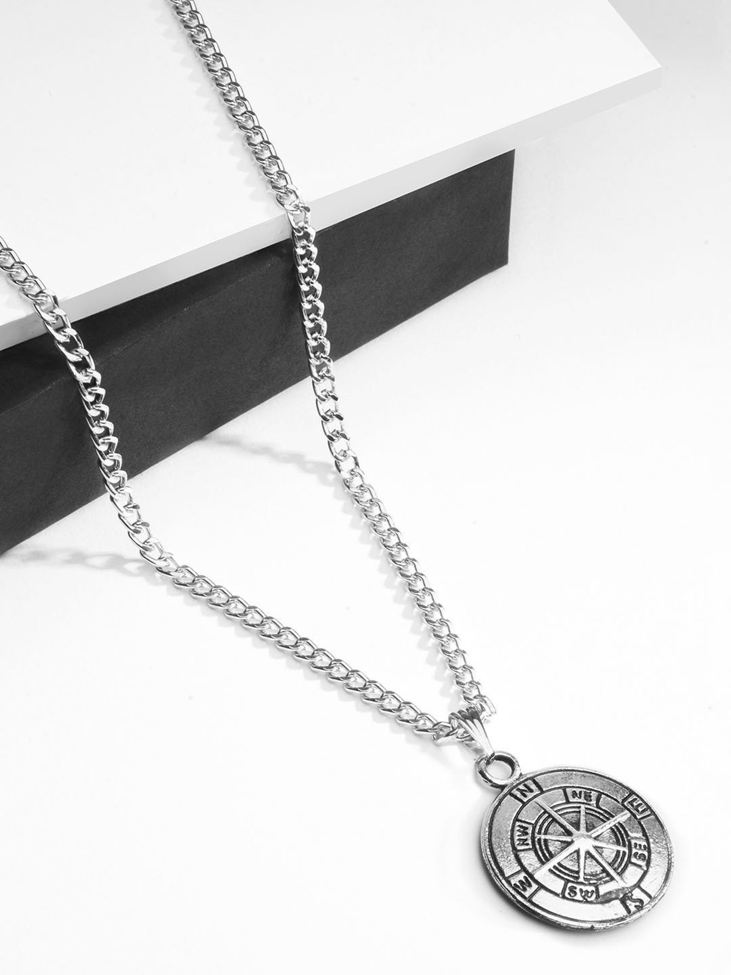 Fashion Frill Silver Chain Pendant For Men Round Pendant Cross Compass  Necklace Chain For Men Boys