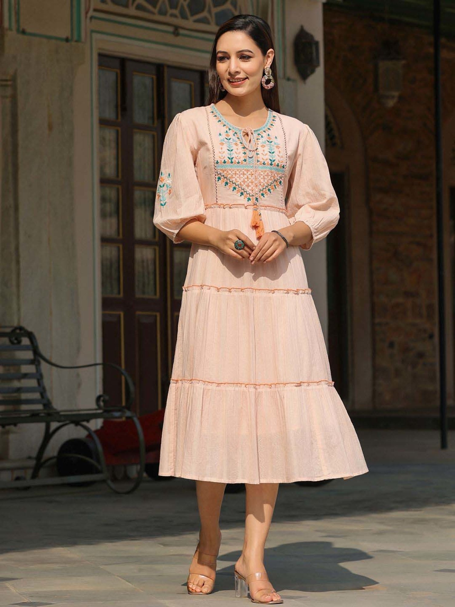 Juniper Peach Ethnic Motif Printed Cotton Dobby Tiered Dress With