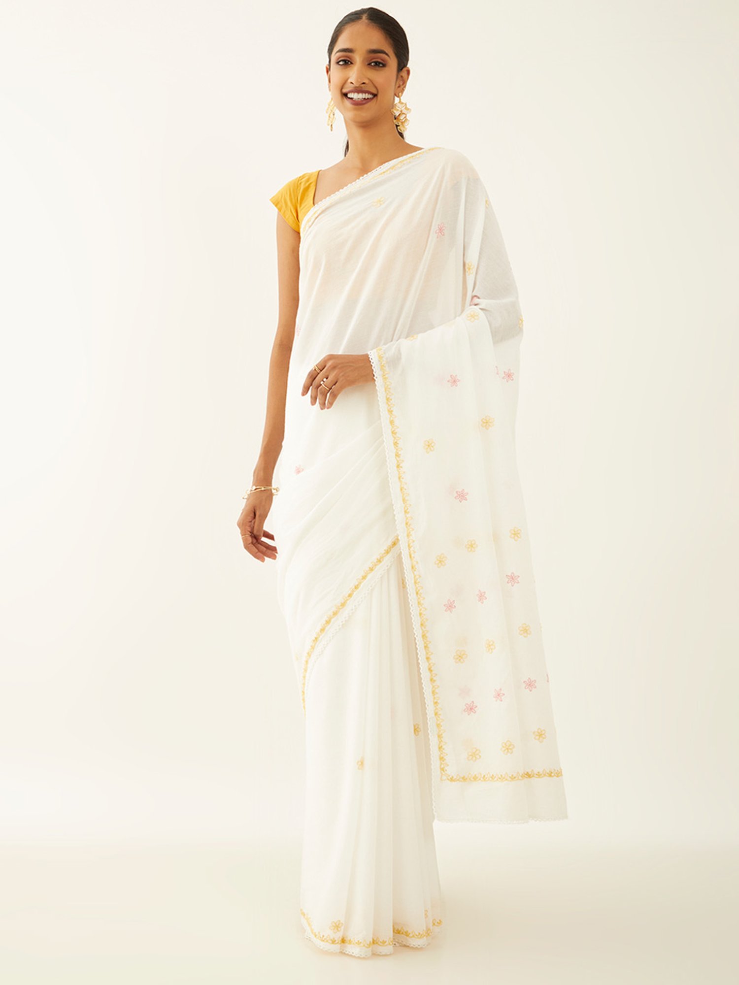 Off White Coloured Pure Cotton Linen Saree with Orignal Chikankari Luc –  Royskart