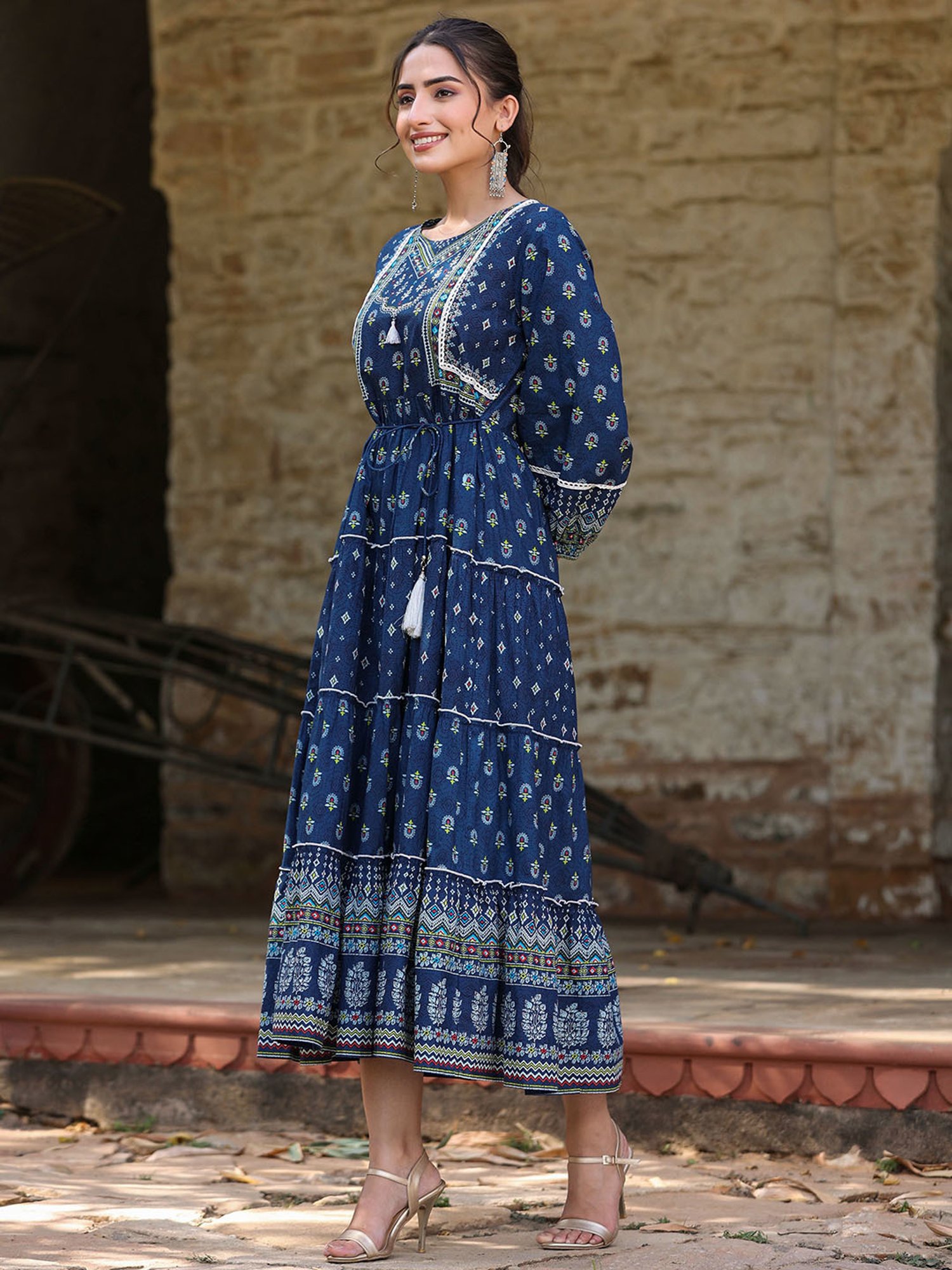 Juniper Navy Blue Ethnic Motif Printed Pure Cotton Tiered Maxi Dress