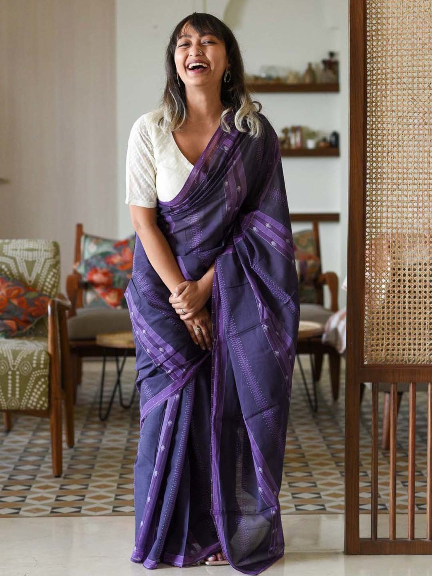 Purple Handloom Made Cotton Silk Saree With Separate Golden Blouse Piece  for Women