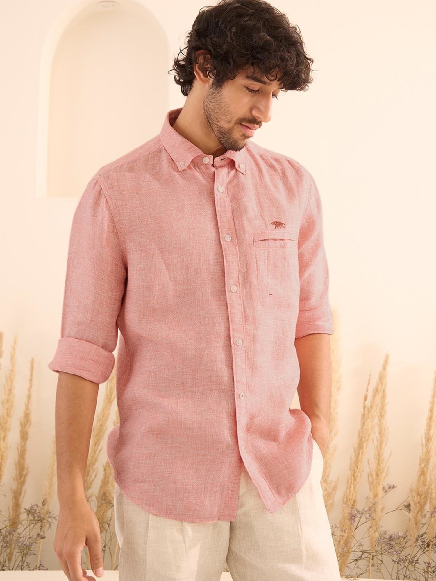 Andamen Orange Linen Slim Fit Self Pattern Shirt