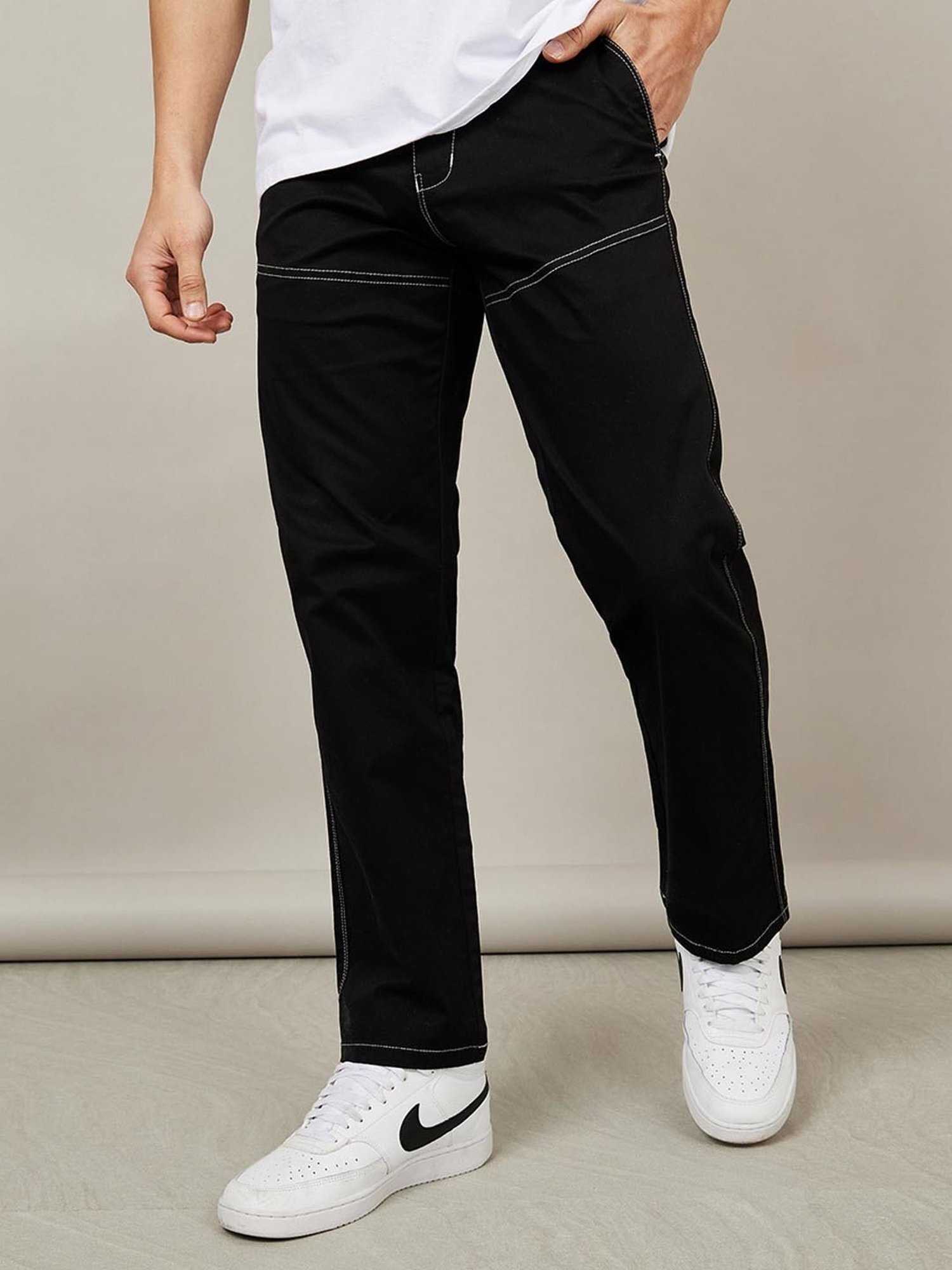 Buy Styli Black Cotton Regular Fit Trousers for Mens Online @ Tata