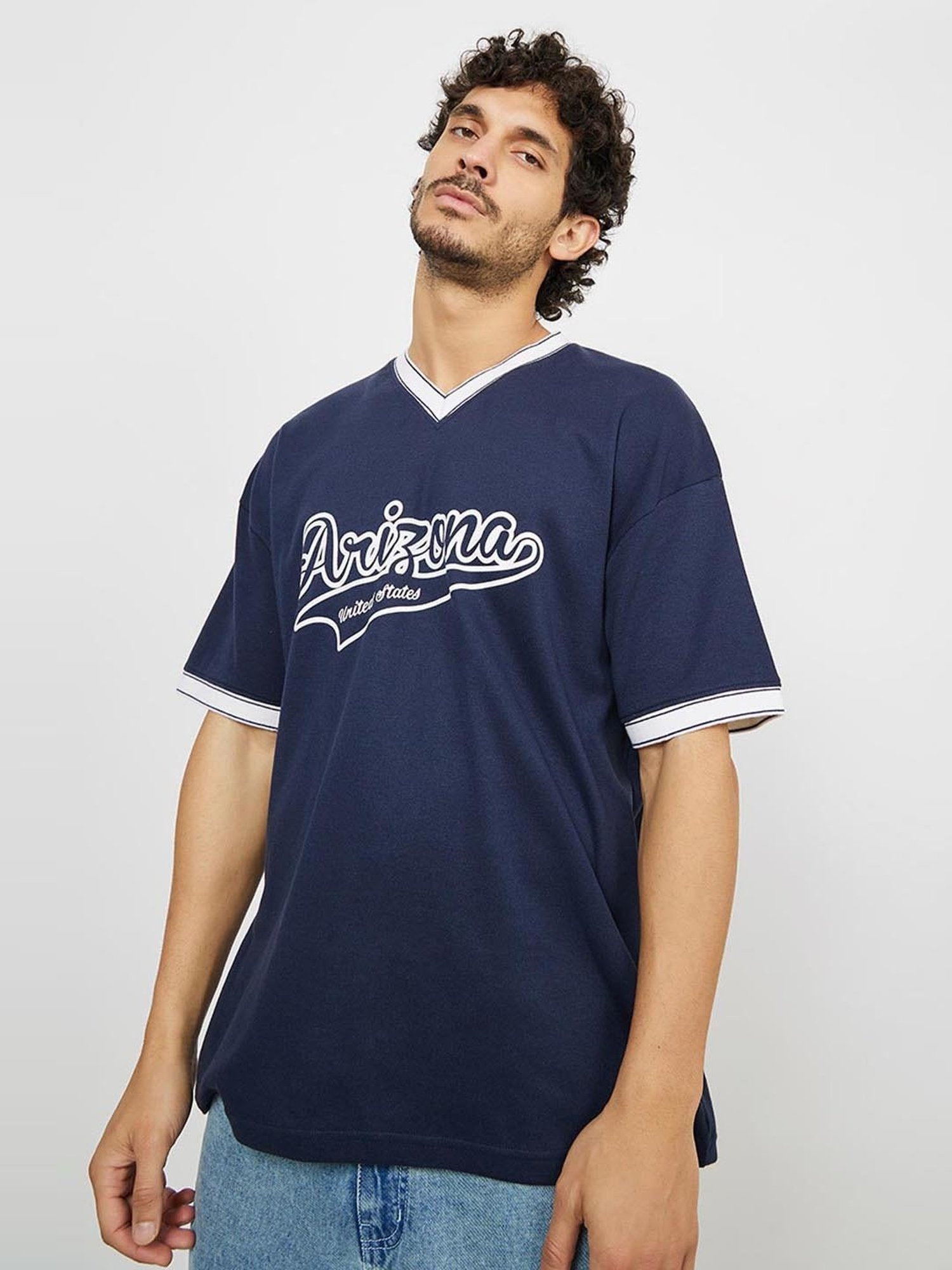 Buy Styli Navy Blue Cotton Relaxed Fit Printed T-Shirt for Mens